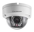 Outdoor camera with white outer rim and translucent spherical camera protruding from outer rim.