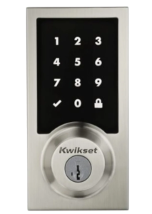 Vitex smart lock for front door that has a black key pad, outlined in a silver metal with a lock under the keypad.