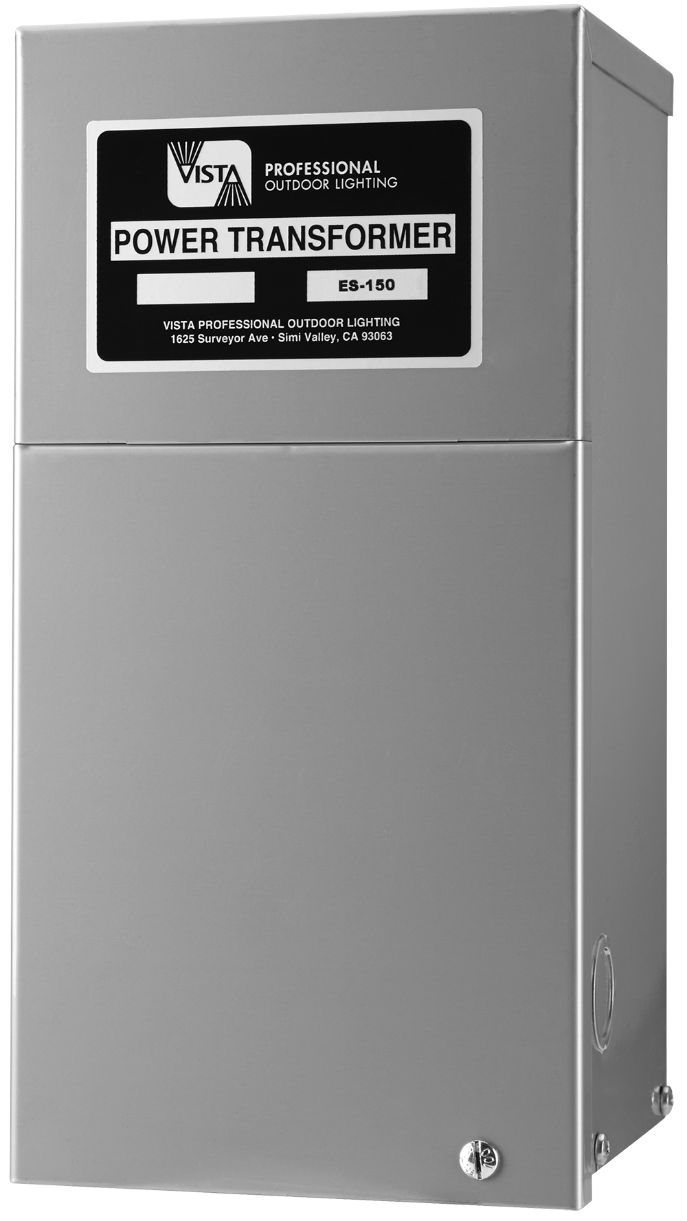 Stainless steal transformer that has a tall rectangular shape with a black label on the front.