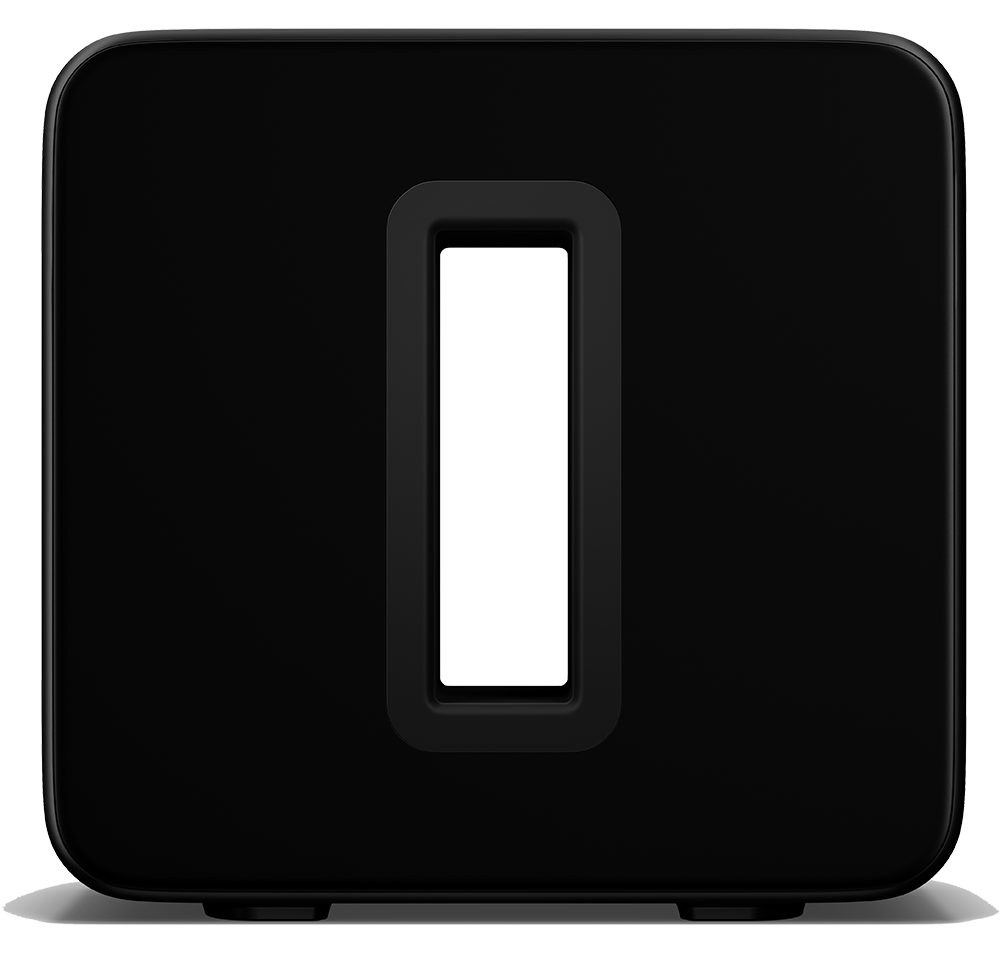 Black square sonos sub woofer, with a rectangular whole in the middle.