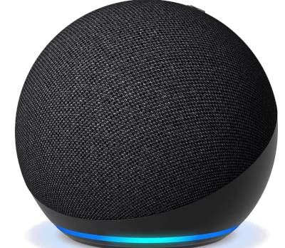 Black, spherical voice control speaker with green and blue light at the bottom.