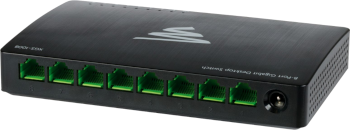 Black Rectangular In-Enclosure switch with eight green RJ45 ports.