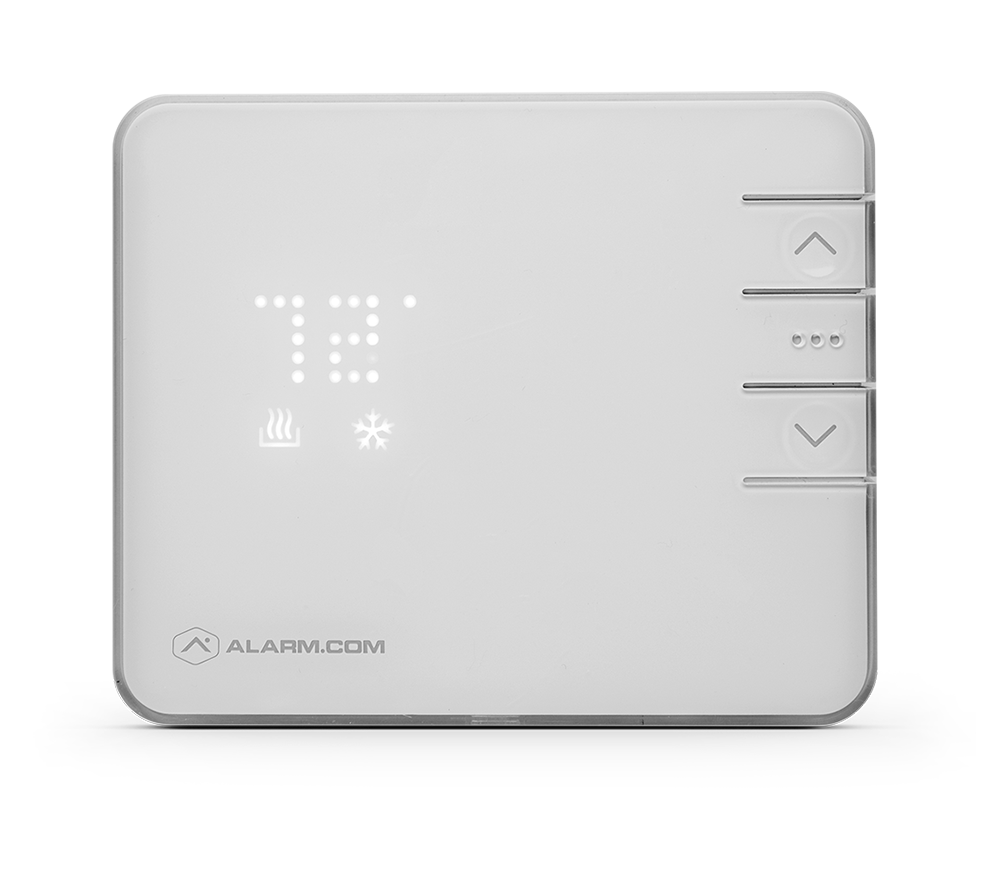 Uxari smart thermostat in grey, displaying a temperature of 72 degrees, with two arrows to turn temperature of and down.